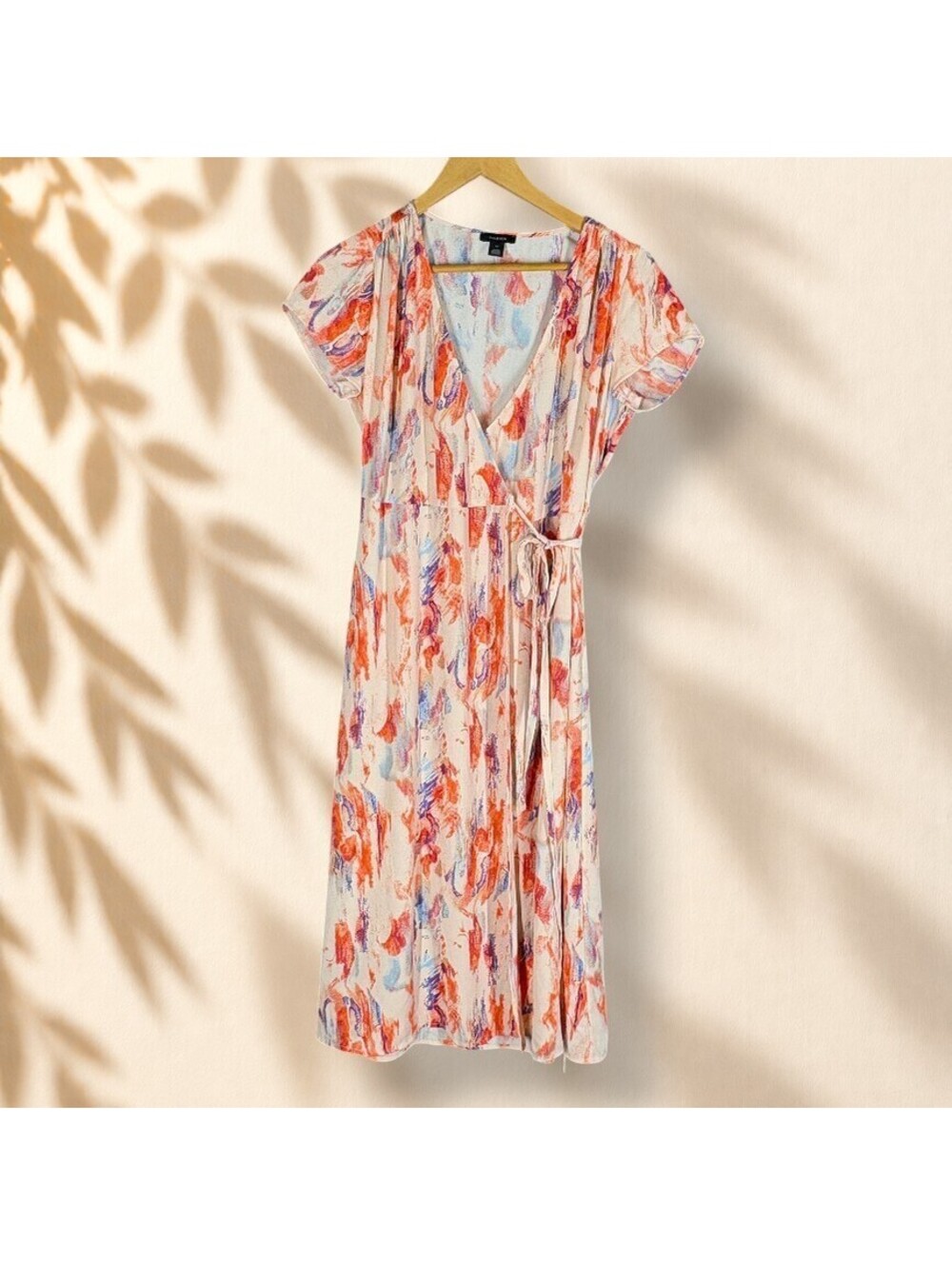 Halogen Wrap Dress Women XS Beige Tie Dye Midi V-Neck Tasseled Belted Tie Up